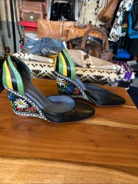 Women’s Black Leather Wedge Pumps with Green & Yellow Accent